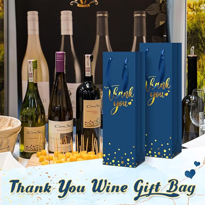 Ctosree 30 Pcs Wine Gift Bag for Wine Bottle Wedding Wine Thank You Gift Bag with Metallic Gold Foil Print Kraft Wine Paper Favor Bag with Attractive Rope Handle for Graduation Bottle(Business Blue)