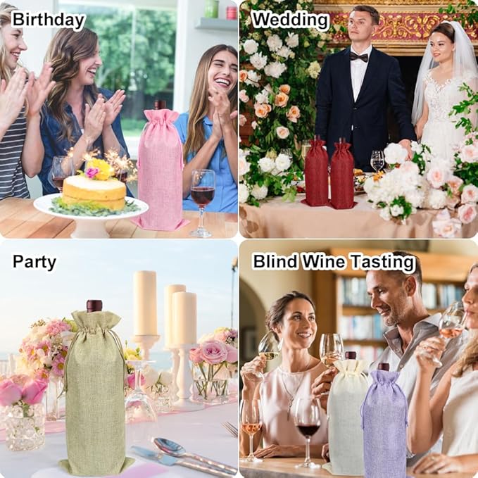 Shintop 10pcs Jute Wine Bags, 14.4 x 5.6 inches Hessian Wine Bottle Gift Bags with Drawstring (5 colors)
