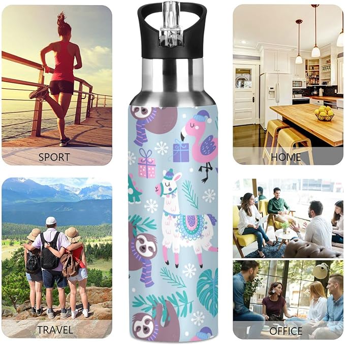 senya 20 Oz Water Bottle with Straw Animals Alpaca Llama Sloth Dinosaur Stainless Steel Water Bottle for Traveling Sports Leakproof Insulated Water Bottle