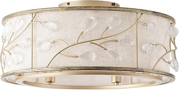 20 Inch Gold Crystal Ceiling Fan with Light, Caged Crystal Ceiling Fan with Light Remote Control, Flush Mount with 6 Speeds for Bedroom, Nursery, Living Room (6 E12 Bulb Includ) (Gold)