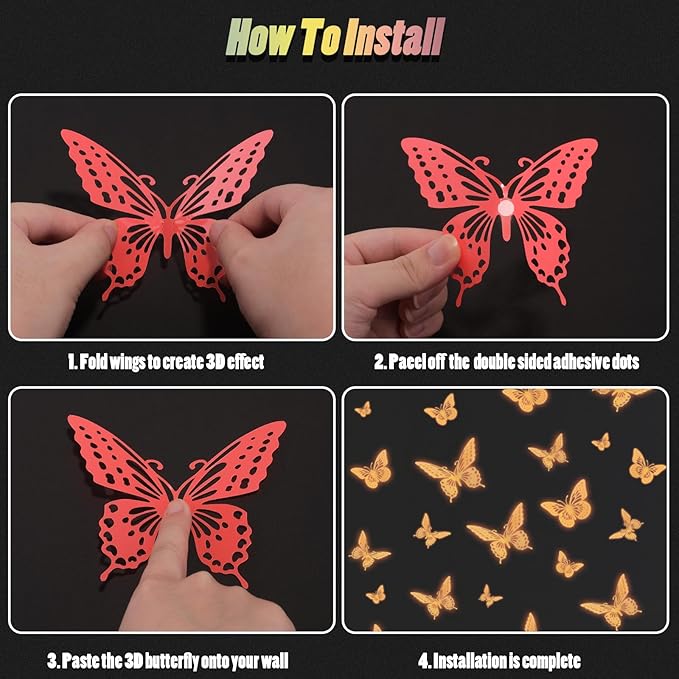 SAOROPEB Glow in The Dark 3D Butterfly 24 Pcs 3 Sizes, Luminous Butterfly Stickers for Ceiling or Wall, Glow in The Dark Party Supplies, Removable Luminous Stickers for Kids Babys Nursery (Orange)