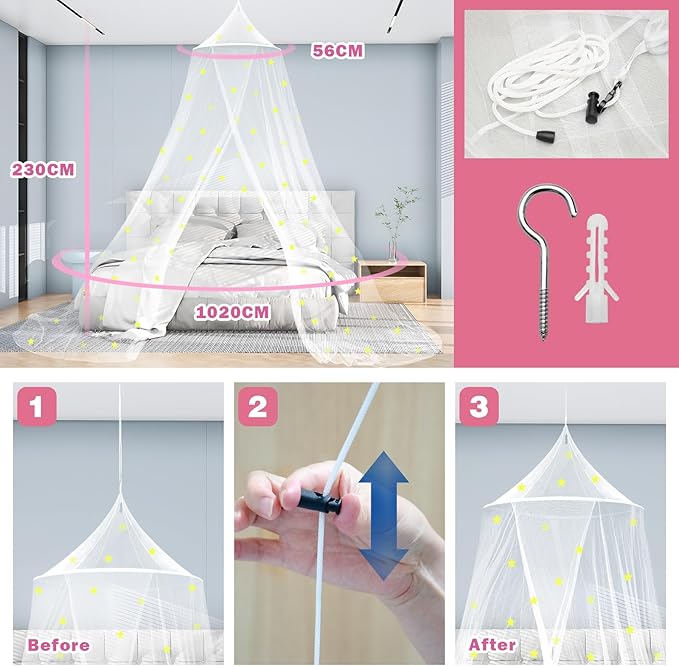 Daksha Princess Bed Canopy for Girls with Glowing Stars, Bed Curtains for Kids, Ceiling Tent, White Room Decor, Fits Twin, Full and Queen Size Beds