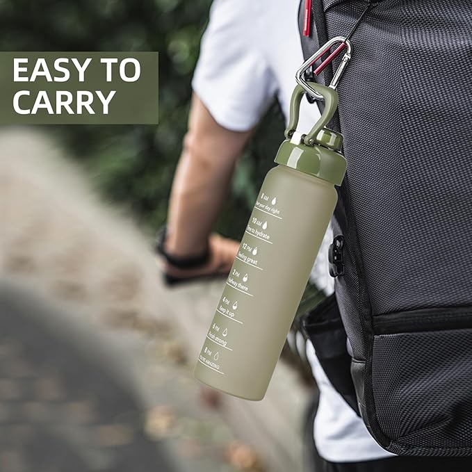 SIEROZUR 32 oz Glass Water Bottle with Straw and Handle Large Sports Motivational Water Bottle with Locking Lid and Time Marker Leakproof Water Jug for Daily Hydration Intake BPA Free