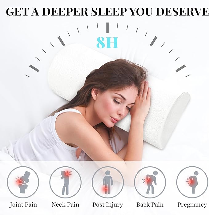 Large Knee Pillow for Side Sleepers Memory Foam Leg Pillows for Sleeping Yoga Bed Half Moon Bolster Pillow for Neck Pain Relief with 2 Pillowcases 23.6"x8.7"x5"(White+Grey, Extended Size)