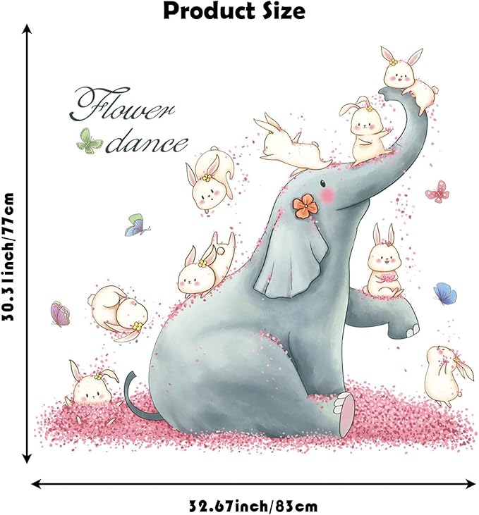 Cartoon Animals Wall Stickers Pink Elephant Rabbit Wall Decals Peel and Stick Wall Art Decals for Kids Bedroom Baby Nursery Door Decor