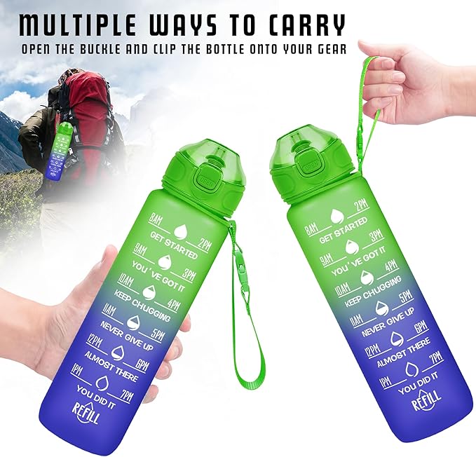 Enerbone 32 oz Drinking Water Bottle with Times to Drink and Straw, Motivational with Carrying Strap, Leakproof BPA & Toxic Free, Ensure You Drink Enough Water for Fitness Gym Outdoor