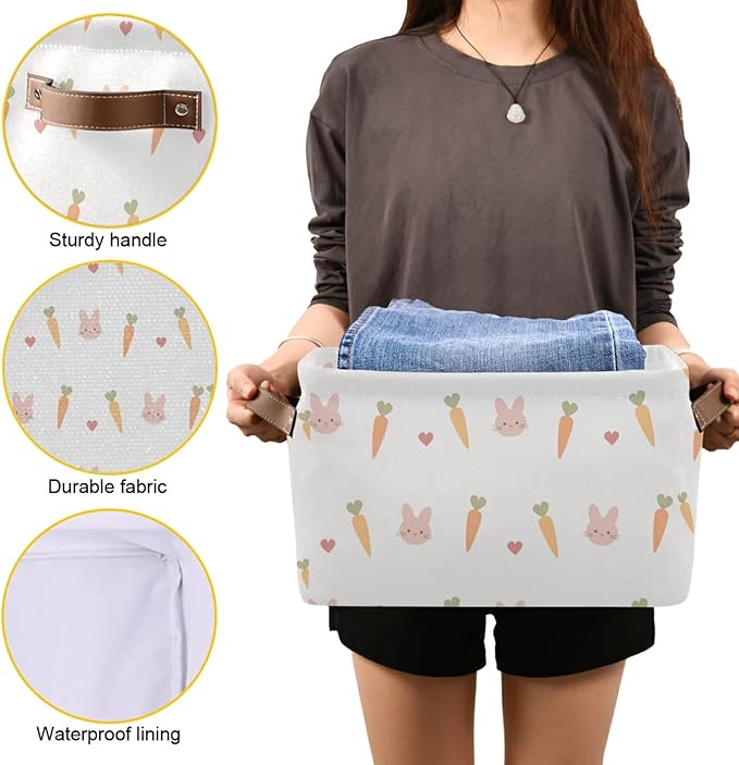 Carrots Rabbits Animal Pattern Storage Bin Collapsible Rectangular Storage Basket Large Fabric Storage Boxes Organizer 1PC with Leather Handles for Clothes Toys Books Kitchen Laundry