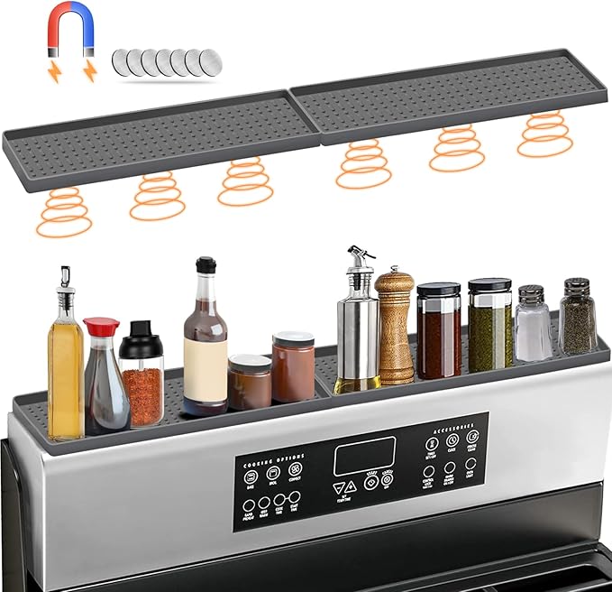 BFONS 30" Magnetic Stove Top Shelf Spice Rack Storage, Silicone Top Heat Material Stove Rack Shelf Flexible Seasoning Organizer Kitchen Shelves Gadgets with 2 Functional Prtitions for Kitchen (Grey)