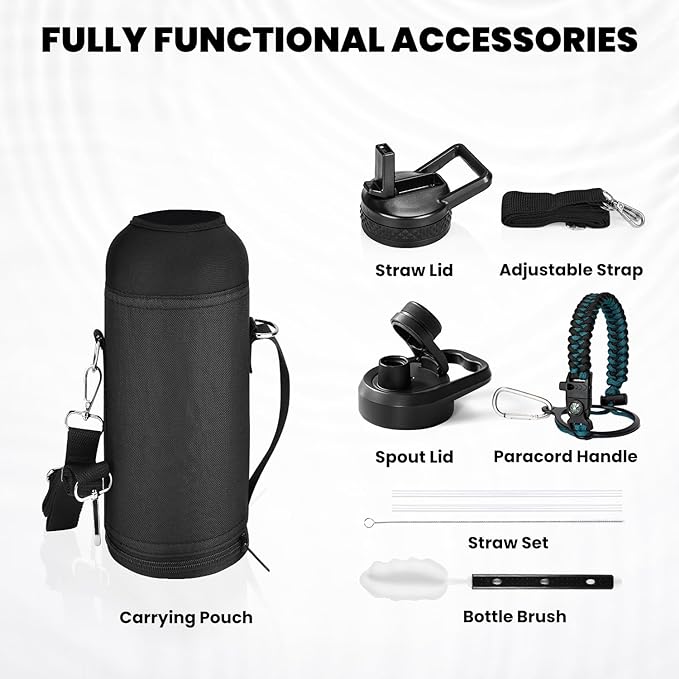 Insulated Water Bottle 40 oz, Triple Wall Vacuum Stainless Steel (Cold for 48 Hrs), Leak Proof & Non-BPA, Modern Water Flask Jug with Paracord Handle & Straw Spout Lids, Indigo/Black