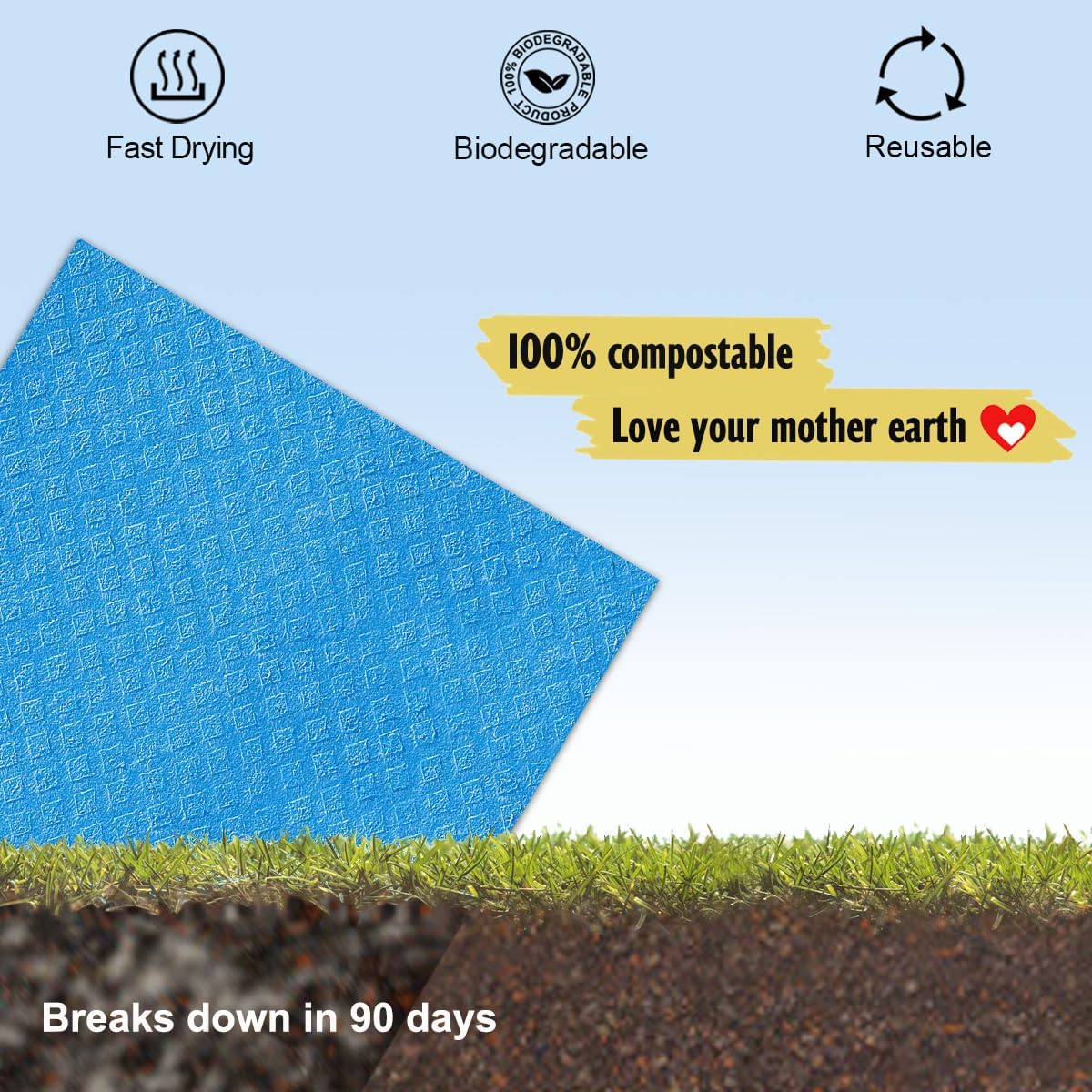 Swedish Dishcloths for Kitchen | 6 Pack Absorbent Cellulose Sponge Cloths Washable | Non-Scratch Reusable Paper Towels Quick Drying Cleaning Cloths - Blue