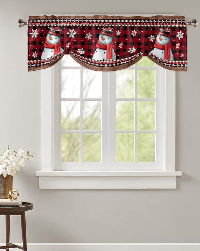 Christmas Blackout Tie Up Valance Curtains for Kitchen Windows Funny Snowman Snowflake Window Toppers Balloon Shades for Living Room/Bathroom/Bedroom,1 Panel,60" X 18" Red Farmhouse