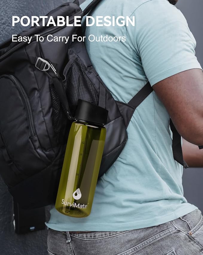 SurviMate 0.01μm Ultra-Filtration Filtered Water Bottle, Portable Water Filter Bottle with 4-Stage Filtration for Survival, Camping, Hiking, Backpacking, Drinking, Emergency