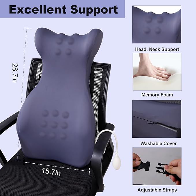 Lumbar Support Pillow for Office Chair - Memory Foam Back Support Pillow with Air Pump for Reducing Lower Back Pain, Adjustable Backrest for Office Chair/Desk Chair, Improve Posture