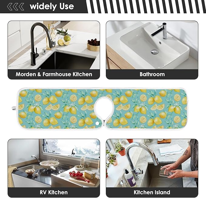 Kitchen Faucet Absorbent Mat,Lemon Fruit Summer Water Splash Guard for Sink, Faucet Drip Catcher Thicken Sponge Microfiber Faucet Water Catcher Mat Sink Absorbent Mat for Kitchen 14x5in 2 Pack