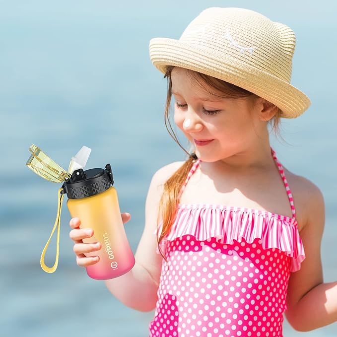 GOPPUS Kids Water Bottle with Straw Spout Lid 10pcs Stickers 12 oz Leak-proof BPA Free Motivational Time Marker Tritan Plastic Water Bottles for Girls Boys School Sports