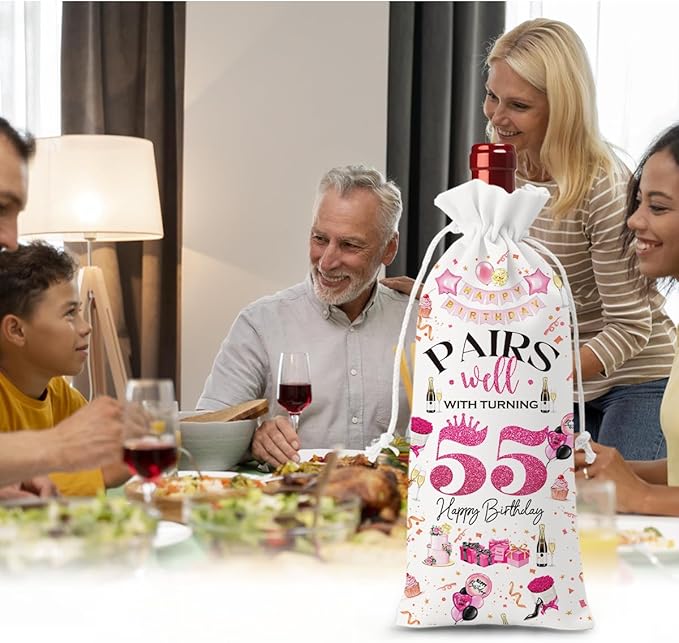 55th Birthday Gifts for Women Men Wine Bag, 55 Year Old Birthday Gifts for Women Men, 55th Birthday Party Decorations for Women Men, Pairs Well with Turning 55 Wine Bags (White Pink)