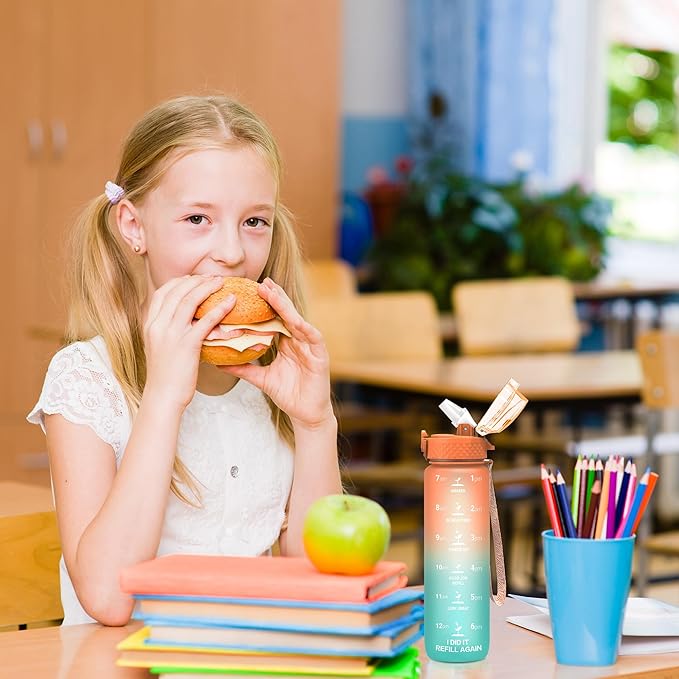 OLDLEY Kids Water Bottle for School, 17 oz (2 lids) BPA-Free Reusable Leak-proof Durable Tritan Plastic Water Bottles with Straw & Chug Lids, Anti-dust Spout Cover (Sunflower)