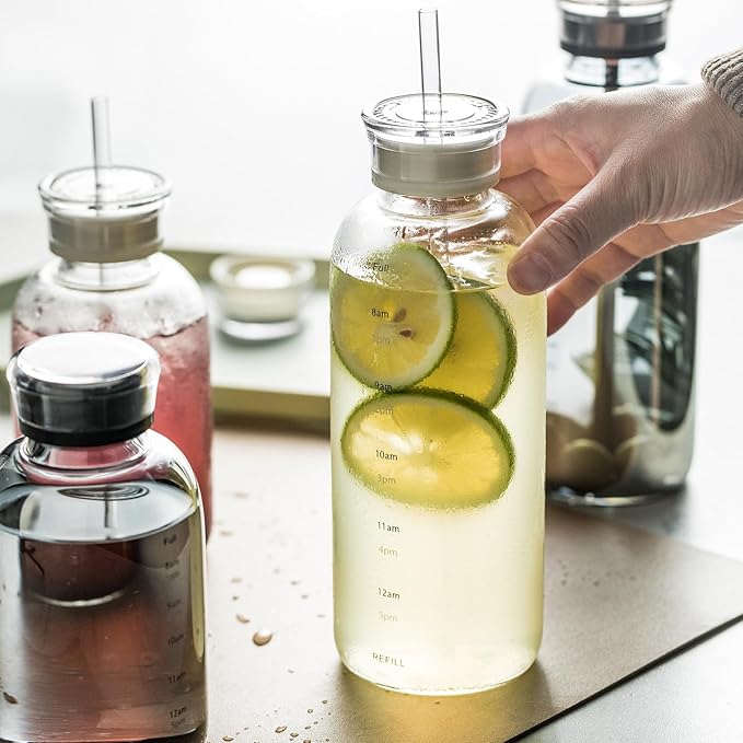 Glass water bottle With Time Marker -24oz with 2 caps and straw,Reusable Glass Drinking Bottles,Suitable For Drinks, Juices, Sodas, Coke, As Gifts Etc (24oz*2pcs)