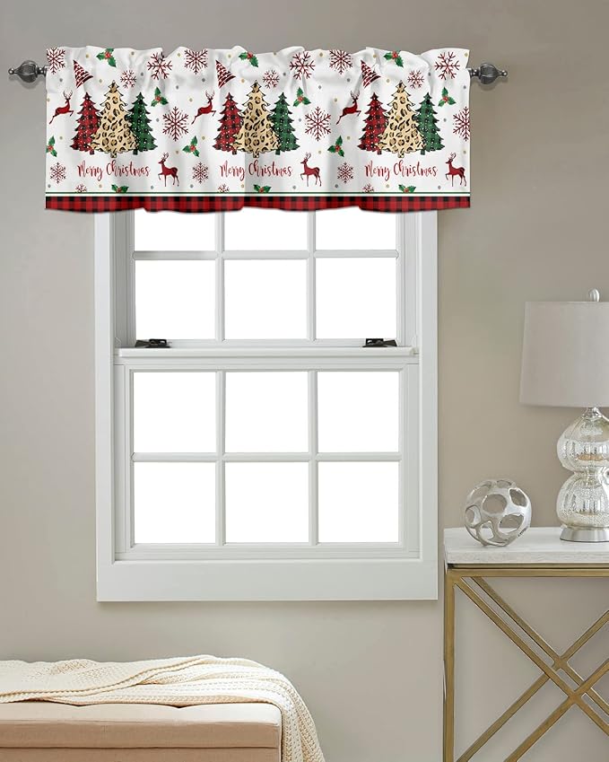 Merry Christmas Kitchen Curtains Valances for Windows Farm Christmas Tree Buffalo Plaid Leopard Rod Pocket Window Treatment for Kitchen/Living Room/Bedroom/Bathroom,42" X 12" -1 Panel, Holiday Decor