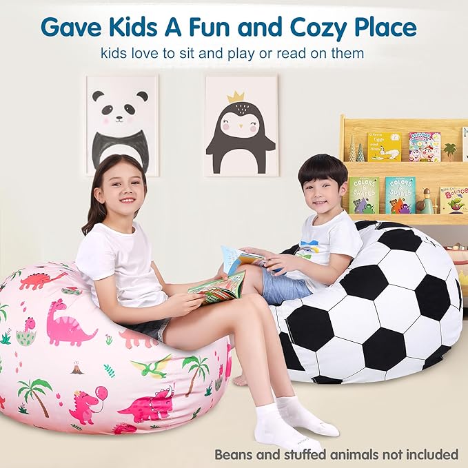 Lukeight Stuffed Animal Storage Bean Bag Chair Cover for Kids, Soccer Zipper Beanbag Chair Cover for Organizing Toddler and Kids' Rooms Plush Toys (Soccer, Large)