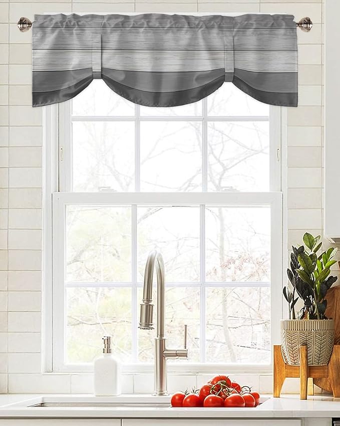 Farmhouse Blackout Tie Up Valance Curtains for Kitchen Windows, Grey Blackout Tie Up Window Toppers Balloon Shades for Living Room/Bathroom/Bedroom,1 Panel,54" X 18"