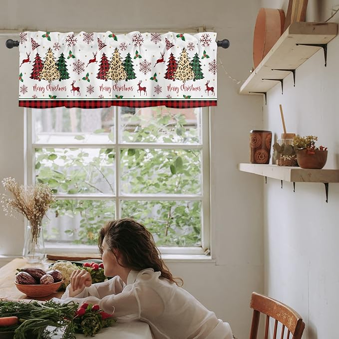 Merry Christmas Kitchen Curtains Valances for Windows Farm Christmas Tree Buffalo Plaid Leopard Rod Pocket Window Treatment for Kitchen/Living Room/Bedroom/Bathroom,42" X 12" -1 Panel, Holiday Decor