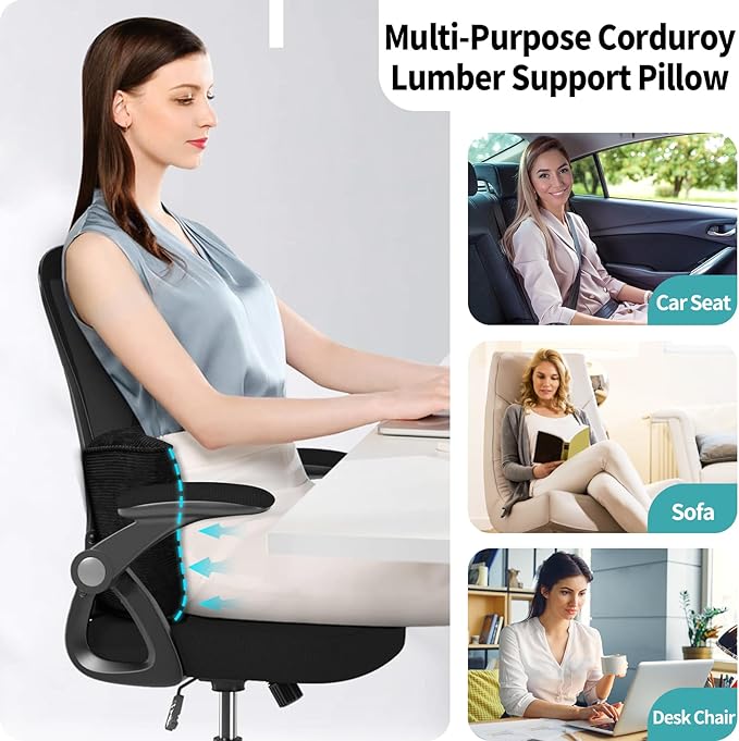 Lumbar Support Pillow for Office Chairs, Back Support Pillow for Lower Back Pain Relief, Soft & Good Support Corduroy Desk Lumbar Cushion, 17.5"x10"x5.5", Medium(Black