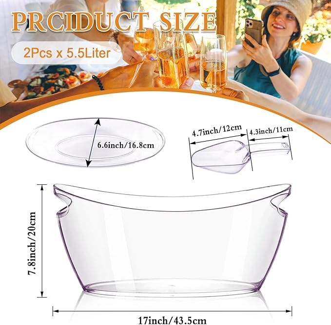 Ice Buckets for Parties: 2 PCS Acrylic Mimosa Bar Supplies with 2 Ice Scoop - 5.5 Liter Extra Large Clear Champagne Beverage Tub Cooler Bucket for Beer Sparkling Wine Cocktail