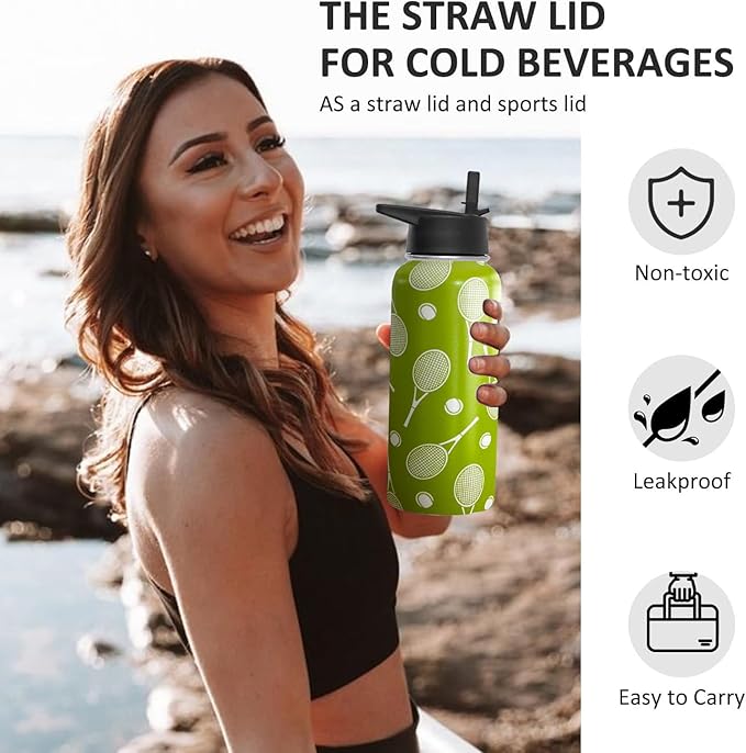 32 oz Tennis Water Bottle Insulated Vacuum Stainless Steel Sports Water Bottle with 2 Lids (Straw and Spout Lid) for Gym Camping Hiking