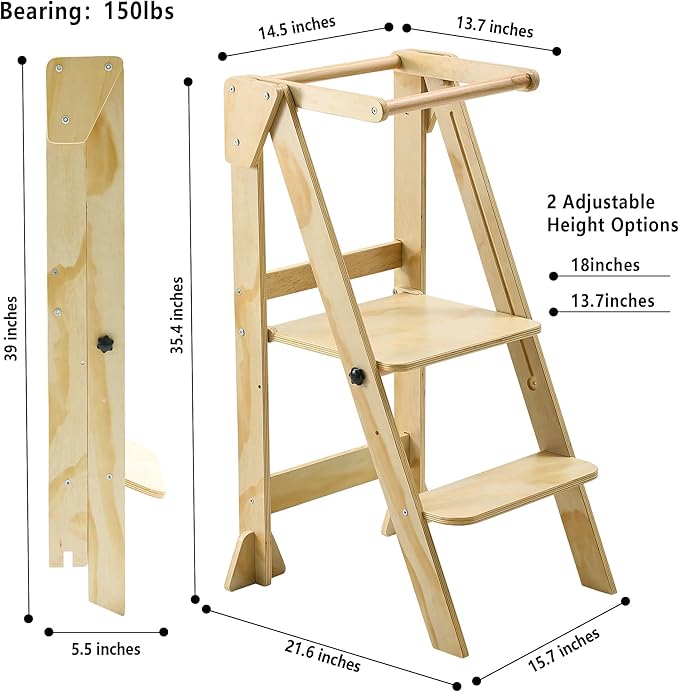 Folding Toddler Step Stool, Wooden Montessori Toddler Tower, Kitchen Tower, Kids Step Stool Toddler Tower for Toddlers and Kids 2-6 Years.