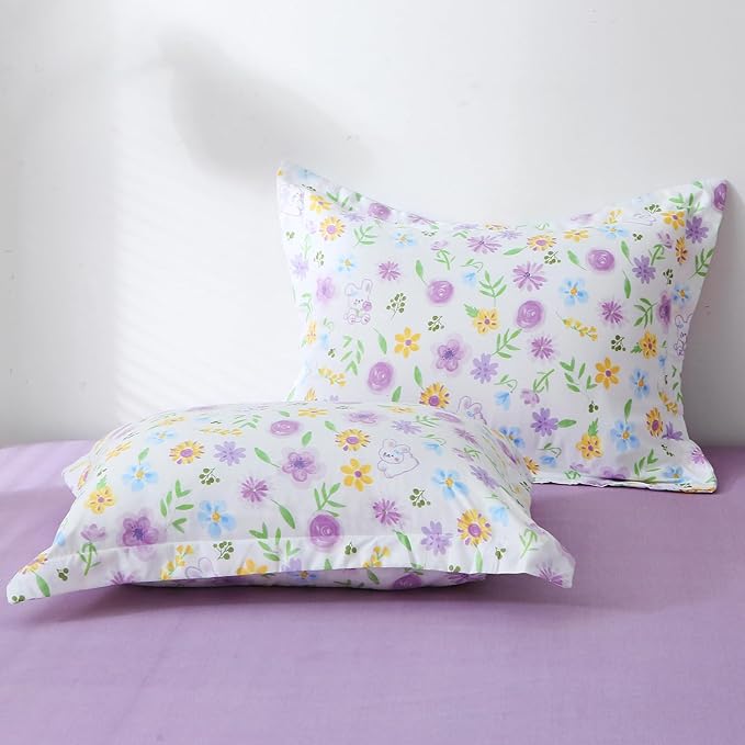 Wajade Floral Comforter Set Bed in A Bag Twin Size 7 Piece Purple Flower Green Leaves Rabbits Bedding Set for Girls (1 Comforter, 1 Flat Sheet, 1 Fitted Sheet, 2 Pillowcase and 2 Pillow Sham)
