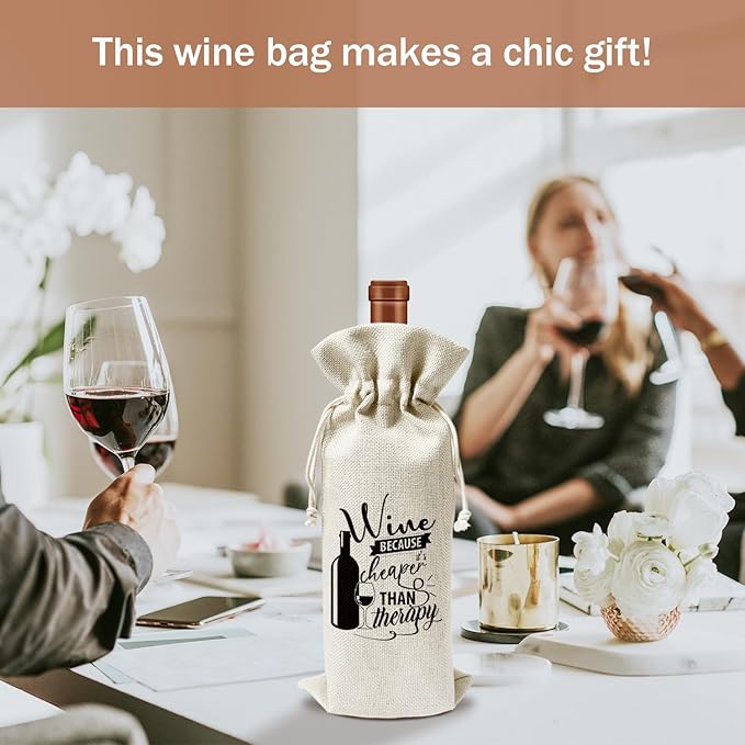 Wine Gift Bag, Gift for Women Men Sister Friends Wine Enthusiasts, 1pcs Wine is Cheaper Than Therapy Reusable Burlap Drawstring Wine Gifts Bag for Wine Bottles, Holiday Party Favor -06