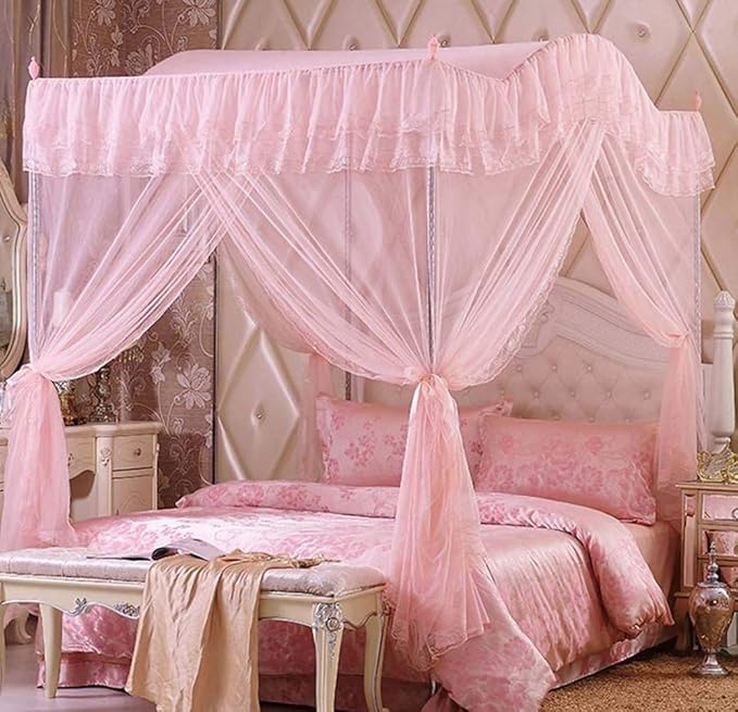 Mengersi Arched 4 Corners Post Bed Curtain Canopy Net Square Princess Fly Screen, Indoor Outdoor (Queen, Peach)