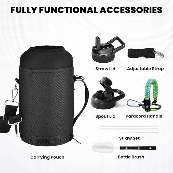 Insulated Water Bottle 64 oz, Triple Wall Vacuum Stainless Steel (Cold for 48 Hrs), Leak Proof & Non-BPA, Half Gallon Water Flask Jug with Paracord Handle & Straw Spout Lids