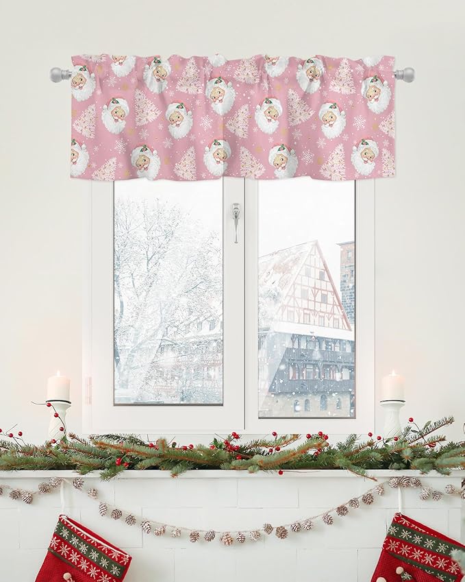 Pink Christmas Valance Curtains for Kitchen Windows Santa Claus Merry Christmas Tree Rod Pocket Window Treatment Toppers for Kitchen/Living Room/Bedroom/Bathroom, 60" X 18", Winter Snowflake