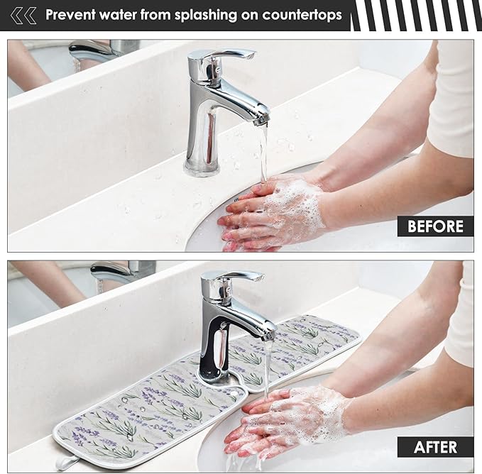 Kitchen Faucet Absorbent Mat,Lavender Flower Water Splash Guard for Sink, Faucet Drip Catcher Thicken Sponge Microfiber Faucet Water Catcher Mat Sink Absorbent Mat for Kitchen 23x5in 2 Pack
