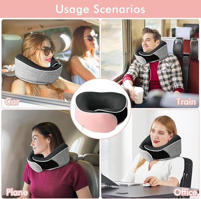 Travel Pillow,Upgraded 100% Memory Foam Neck Pillow for Traveling,Ergonomic Design Soft Best Flight Pillow,Neck Pillow Airplane Kit with 3D Contoured Eye Masks,Earplugs and Luxury Bag (Pink)