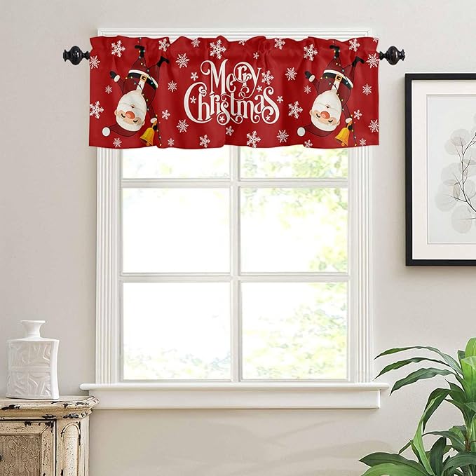 Red Merry Christmas Valance Curtains for Kitchen Windows Funny Hanging Santa Rod Pocket Window Treatment Toppers for Kitchen/Living Room/Bedroom/Bathroom, 42" X 18", Snow Winter Holiday