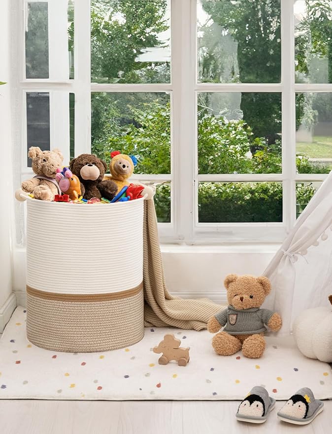 StorageWorks 58L Cotton Rope Laundry Basket with Wooden Beads Handles, Woven Basket for Storage, Dirty Clothes, Kids Toys, Towels, White & Khaki