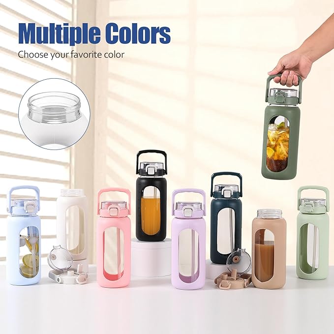 BLUEGO 64 oz Glass Water Bottle, Drinking Water Bottle with Handle and Straw, Half Gallon Motivational Water Bottle with Silicone Sleeve and Time Marker, Sports Water Bottle, BPA Free White