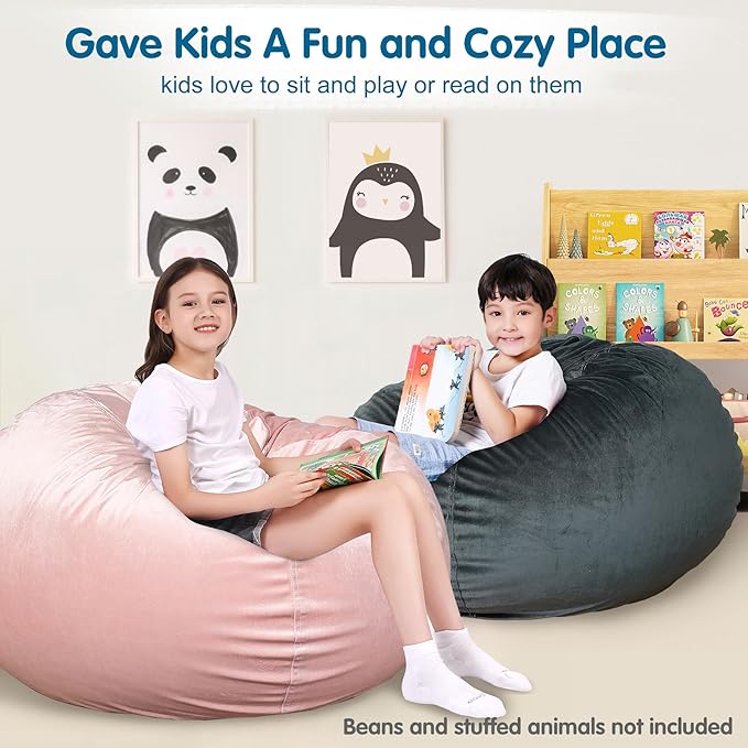 Lukeight Stuffed Animal Storage Bean Bag Chair Cover for Kids, Zipper Beanbag Chair Cover for Organizing Toddler and Kids' Rooms Plush Toys (Dark Gray Velvet, Large)