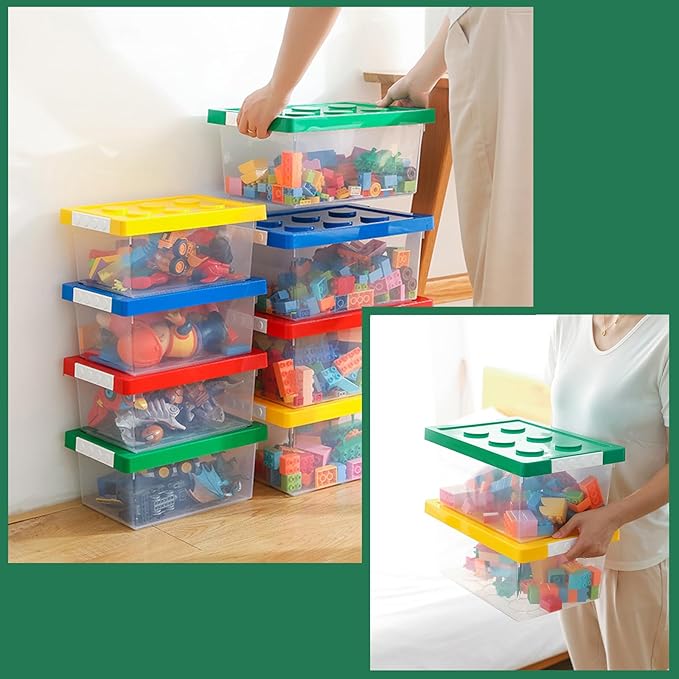 loobuu Plastic Storage Bins with Lids - Stackable Toy Storage Organizer Box Set of 4, Kids Toy Chests Container with Compatible Building Baseplate and Lid for Building Bricks - Yellow+Red+Blue+Green