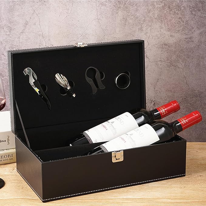 TANG SONG Leather Double Bottle Wine Gift Box with 4 Wine Accessories Wine Bottle Storage whit Locking Latch (Black)