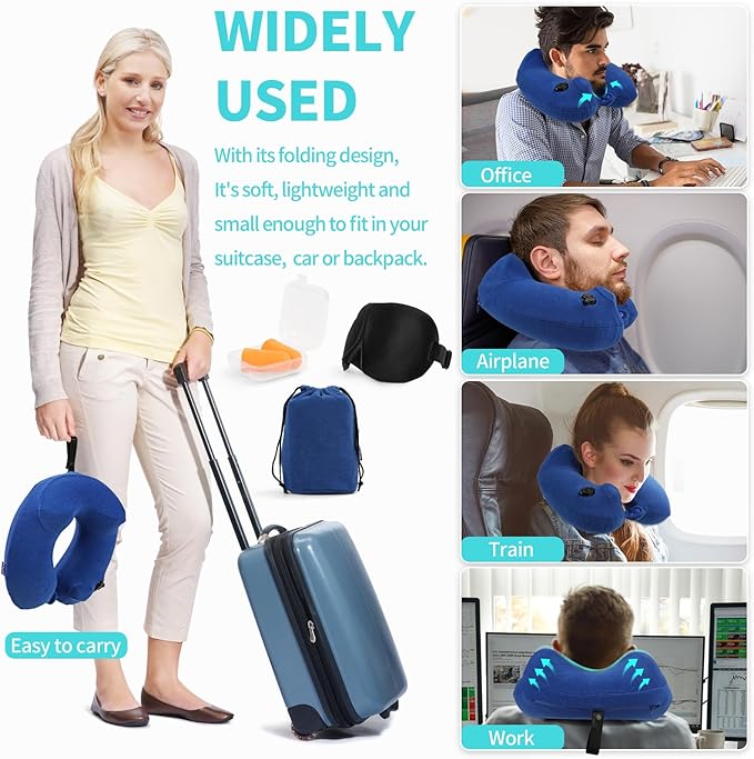 Inflatable Travel Neck Pillow for Airplane, 360° Head Support Velvet Adult Neck Pillow for Long Flight, Removable Washable Cover, Kit with Eye Masks, Earplugs & Storage Bag, Navy Blue