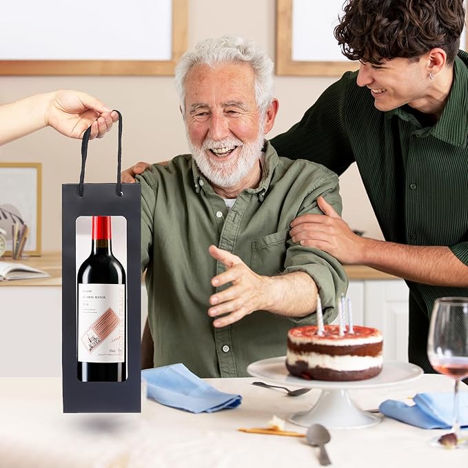 Megitzuu Wine Bottle Gift Bags With Window, 10 Pack Reusable Kraft Paper Wine Gift Bags for Wine Bottle Birthday Party Wedding Bridal Shower Gift Supplies