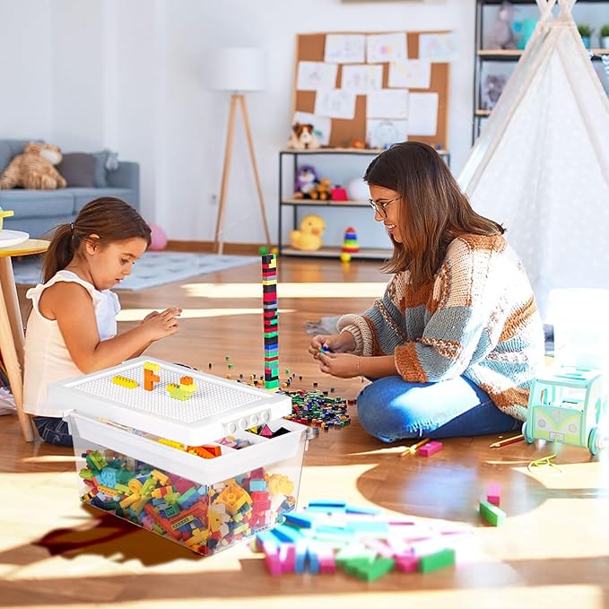 loobuu Plastic Storage Bins with Lids - 3 Set Stackable Arts Crafts Organizer Box with Removable Divided Tray &Compatible Building Baseplate,Toy Chest Containers for Bricks -White