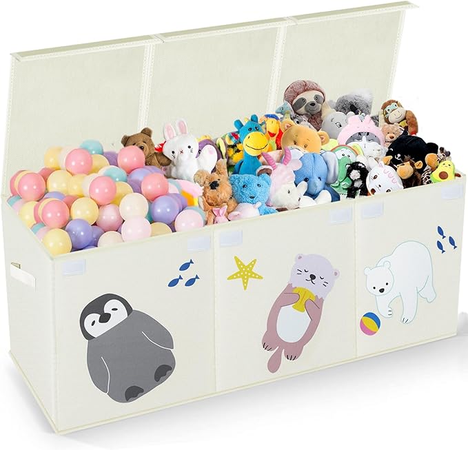 Large Toy Box Storage Chest,Sturdy Toys Storage Organizer Bin Basket with Dividers and Lids for Toddlers,Boys,Girls,Nursery,Closet,Living Room Area,Playroom(Beige Animals)