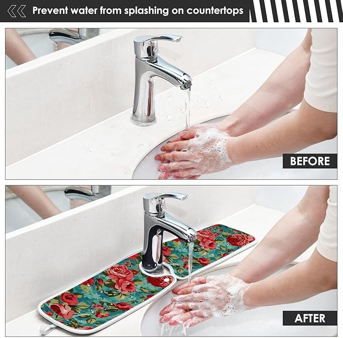 Kitchen Faucet Absorbent Mat, Rose Water Splash Guard for Sink, Faucet Drip Catcher Thicken Sponge Microfiber Faucet Water Catcher Mat Sink Absorbent Mat for Kitchen 30x5in 2Pack