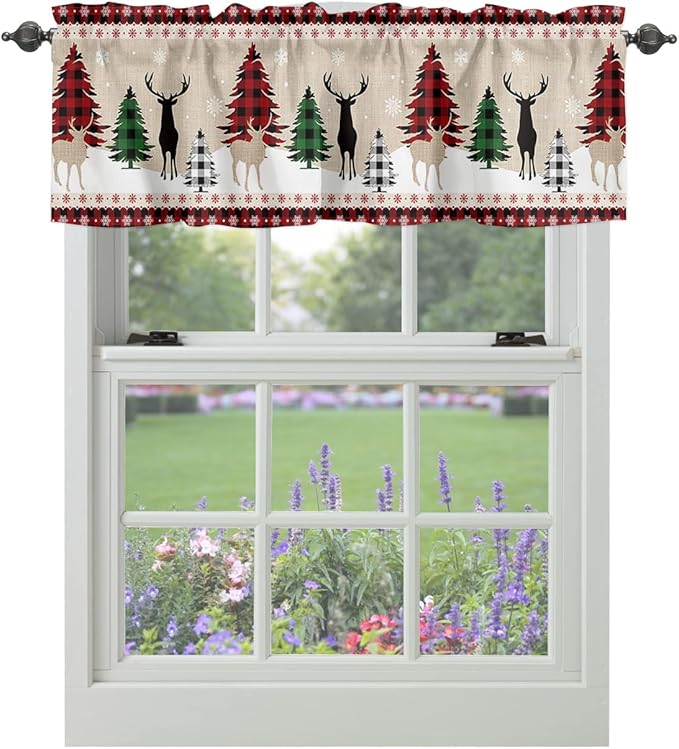 Farmhouse Christmas Kitchen Curtains Valances for Windows Rustic Plaid Christmas Tree Snowflakes Rod Pocket Short Curtain for Kitchen /Living Room/Bedroom/ Bathroom,42" X 18" -1 Panel, Red Green Black