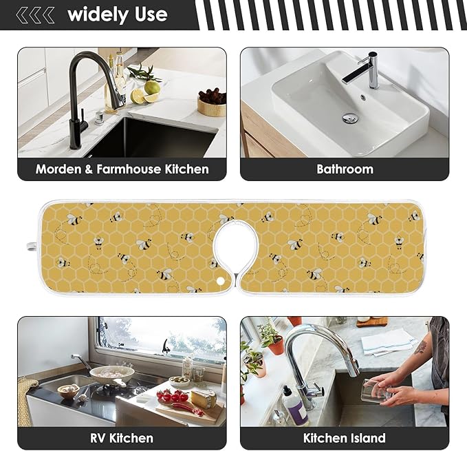 Kitchen Faucet Absorbent Mat,Bees Honey Honeycombs Water Splash Guard for Sink, Faucet Drip Catcher Thicken Sponge Microfiber Faucet Water Catcher Mat Sink Absorbent Mat for Kitchen 23x5in 2 Pack